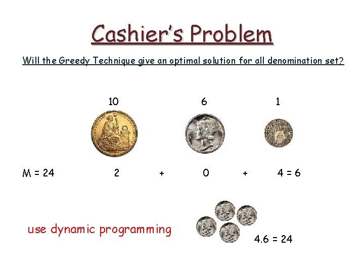 Cashier’s Problem Will the Greedy Technique give an optimal solution for all denomination set?