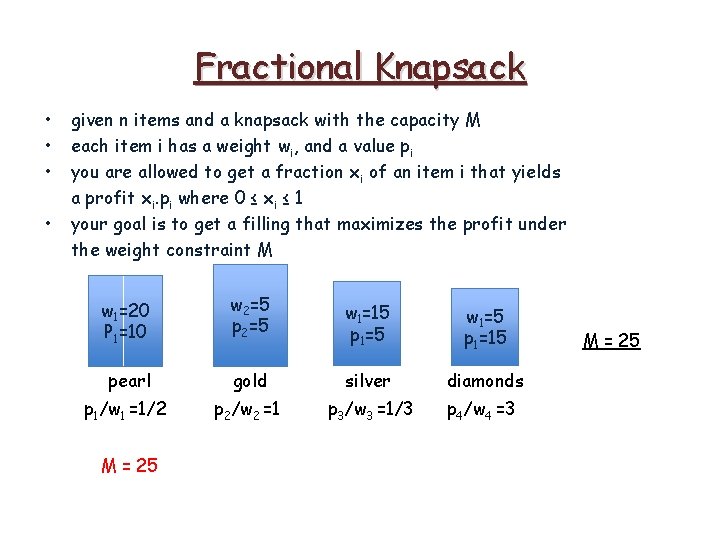 Fractional Knapsack • • given n items and a knapsack with the capacity M