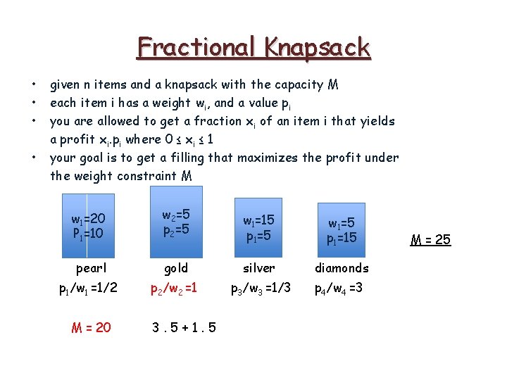 Fractional Knapsack • • given n items and a knapsack with the capacity M