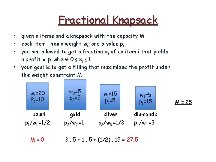 Fractional Knapsack • • given n items and a knapsack with the capacity M