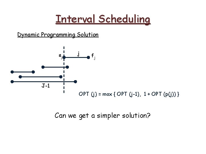 Interval Scheduling Dynamic Programming Solution sj j fj J-1 OPT (j) = max {