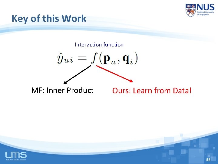 Key of this Work Interaction function MF: Inner Product Ours: Learn from Data! 33