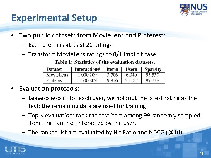 Experimental Setup • Two public datasets from Movie. Lens and Pinterest: – Each user