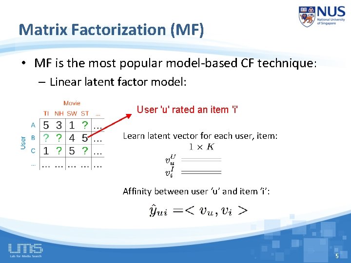 Matrix Factorization (MF) • MF is the most popular model-based CF technique: – Linear