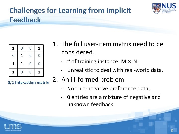 Challenges for Learning from Implicit Feedback 1 0 0 1 1 0 0 1