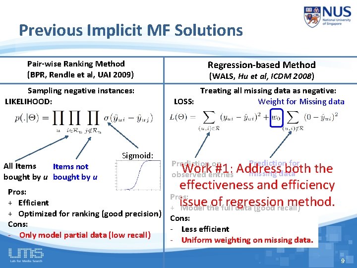 Previous Implicit MF Solutions Pair-wise Ranking Method (BPR, Rendle et al, UAI 2009) Sampling