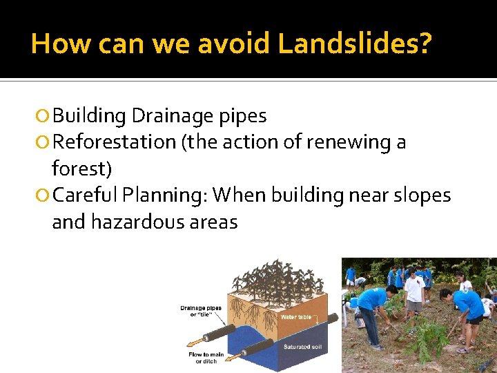 How can we avoid Landslides? Building Drainage pipes Reforestation (the action of renewing a