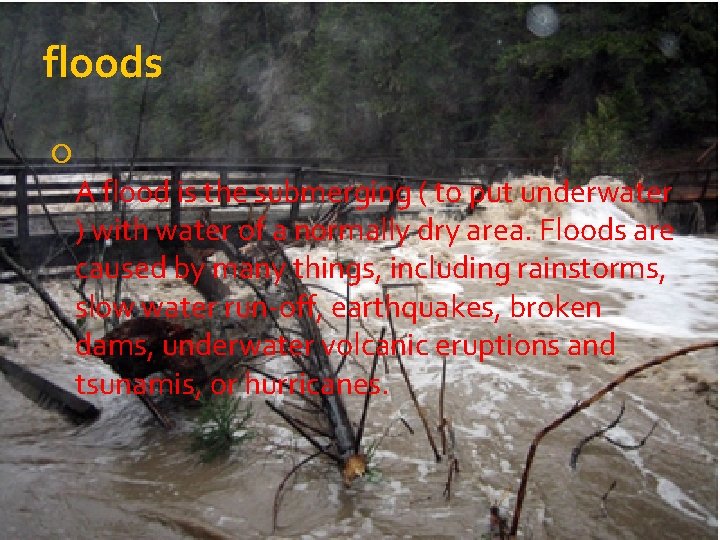 floods A flood is the submerging ( to put underwater ) with water of