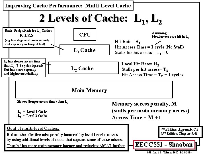 Improving Cache Performance: Multi-Level Cache 2 Levels of Cache: L 1, L 2 Basic