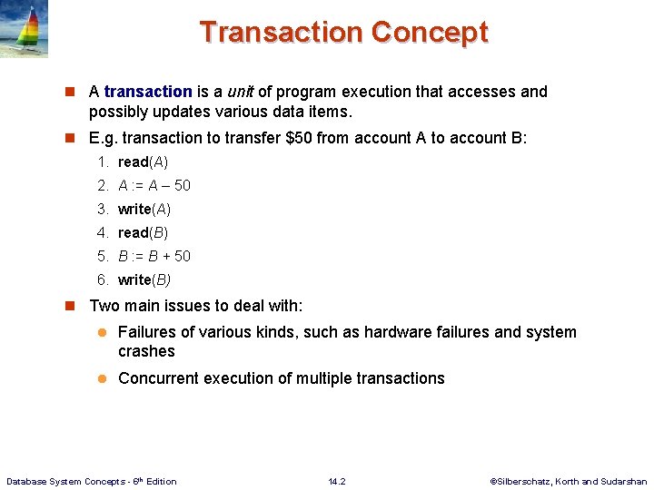 Transaction Concept n A transaction is a unit of program execution that accesses and