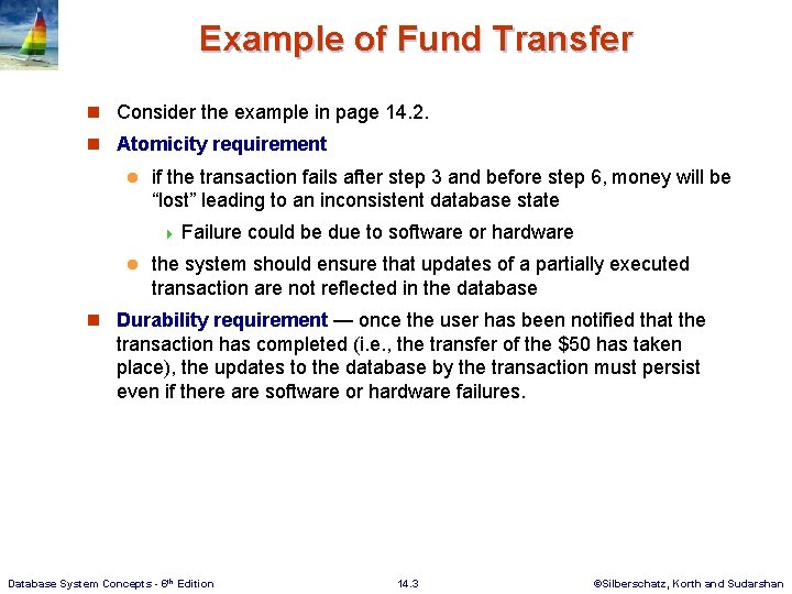 Example of Fund Transfer n Consider the example in page 14. 2. n Atomicity