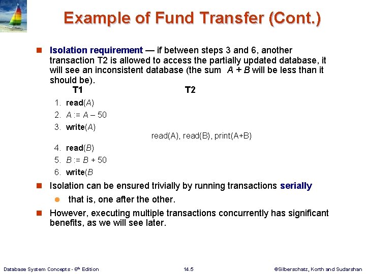 Example of Fund Transfer (Cont. ) n Isolation requirement — if between steps 3