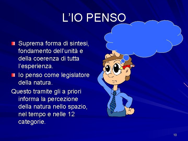L’IO PENSO Suprema forma di sintesi, fondamento dell’unità e della coerenza di tutta l’esperienza.
