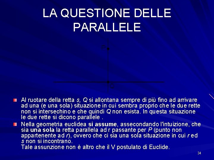 LA QUESTIONE DELLE PARALLELE Al ruotare della retta s, Q si allontana sempre di