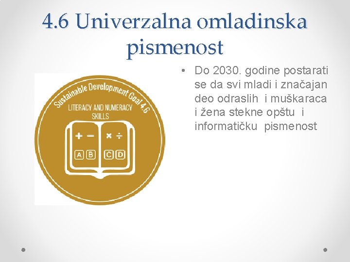 4. 6 Univerzalna omladinska pismenost • Do 2030. godine postarati se da svi mladi