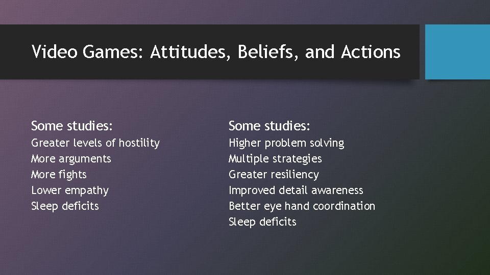 Video Games: Attitudes, Beliefs, and Actions Some studies: Greater levels of hostility More arguments