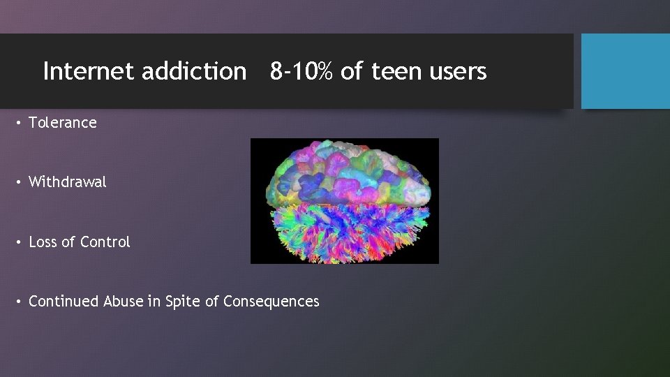 Internet addiction 8 -10% of teen users • Tolerance • Withdrawal • Loss of