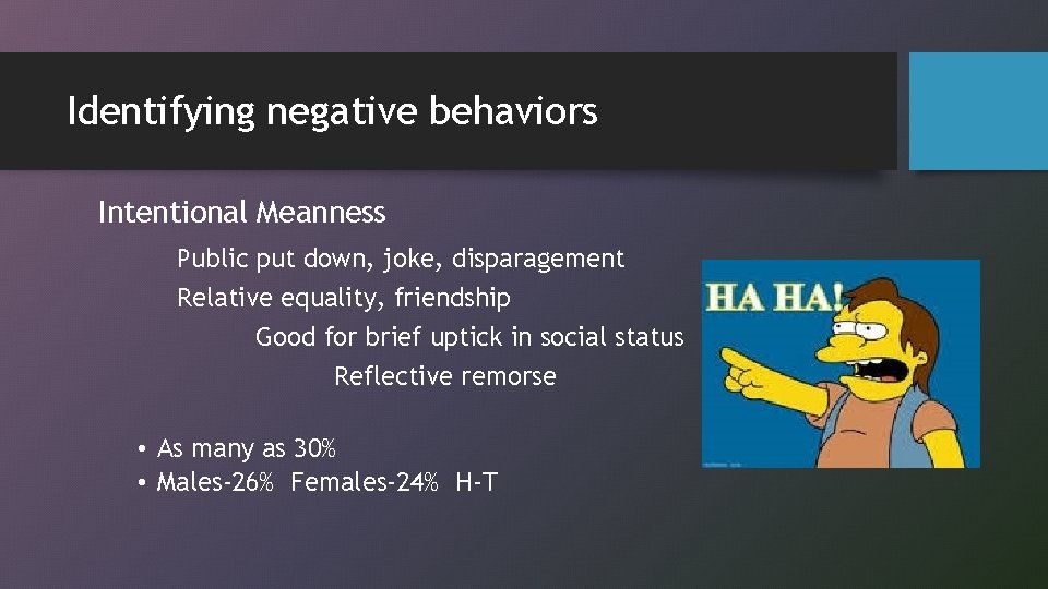 Identifying negative behaviors Intentional Meanness Public put down, joke, disparagement Relative equality, friendship Good