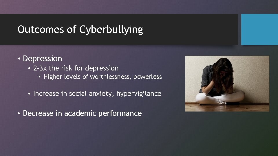 Outcomes of Cyberbullying • Depression • 2 -3 x the risk for depression •