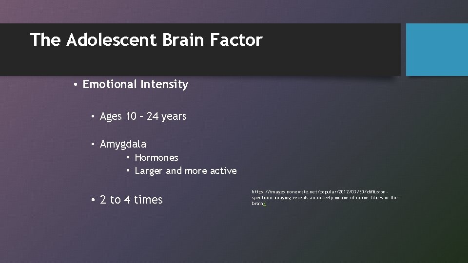 The Adolescent Brain Factor • Emotional Intensity • Ages 10 – 24 years •