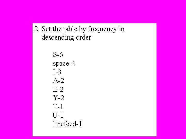 2. Set the table by frequency in descending order S-6 space-4 I-3 A-2 E-2