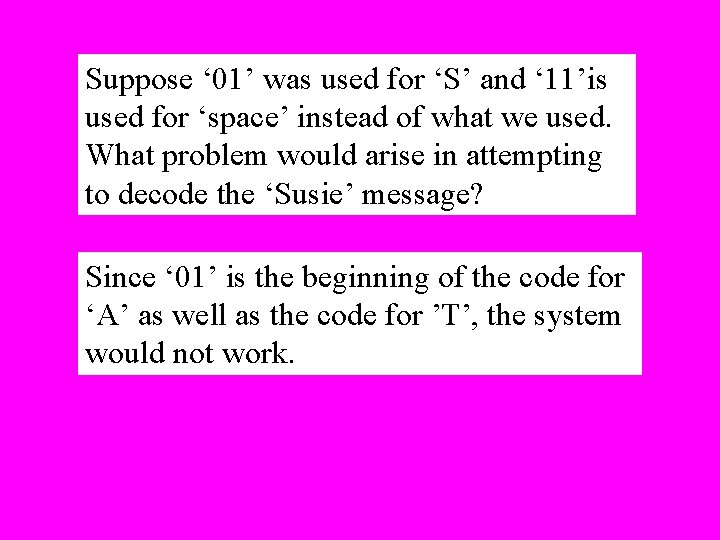 Suppose ‘ 01’ was used for ‘S’ and ‘ 11’is used for ‘space’ instead