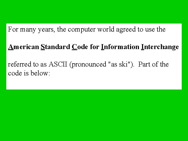 For many years, the computer world agreed to use the American Standard Code for