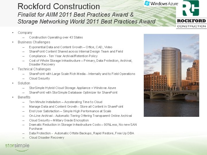 Rockford Construction Finalist for AIIM 2011 Best Practices Award & Storage Networking World 2011