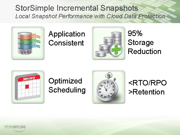 Stor. Simple Incremental Snapshots Local Snapshot Performance with Cloud Data Protection Application Consistent 95%