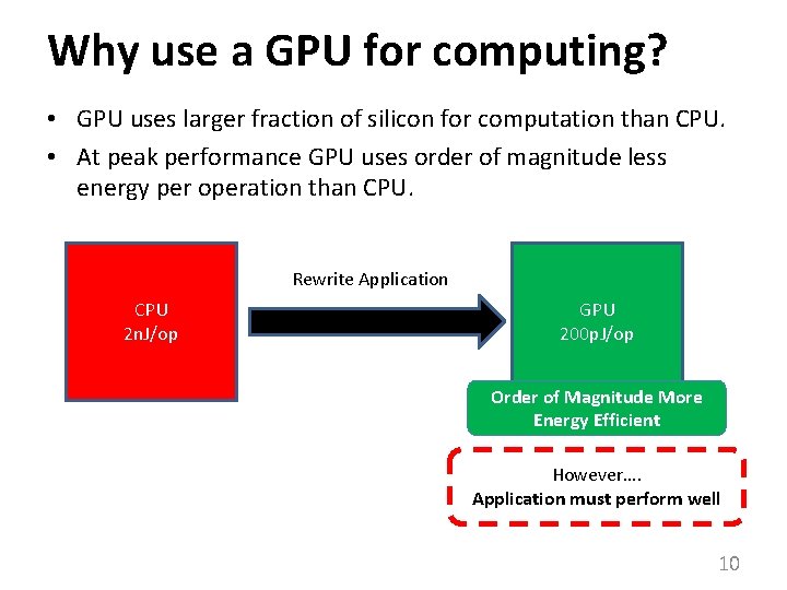 Why use a GPU for computing? • GPU uses larger fraction of silicon for