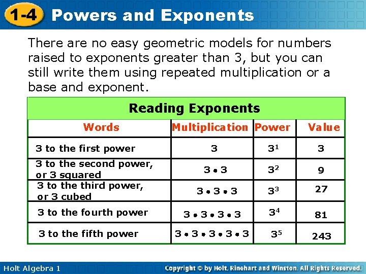1 -4 Powers and Exponents There are no easy geometric models for numbers raised 1 -4 Powers and Exponents There are no easy geometric models for numbers raised