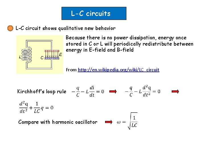 L-C circuits L-C circuit shows qualitative new behavior Because there is no power dissipation,