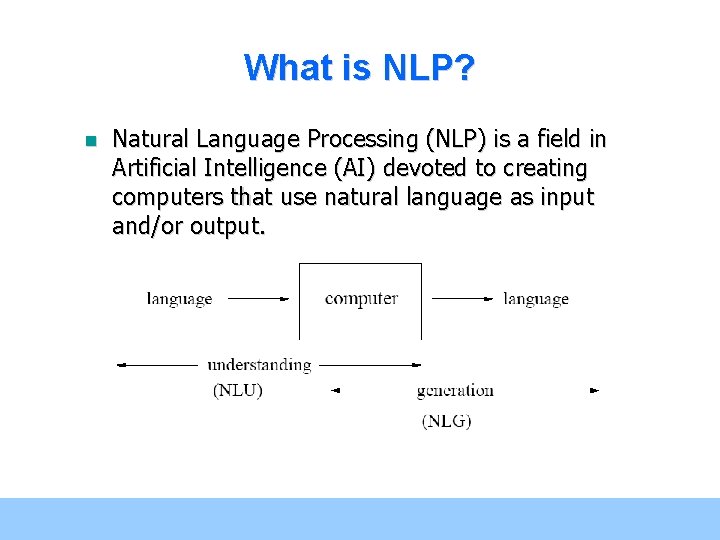 What is NLP? n Natural Language Processing (NLP) is a field in Artificial Intelligence What is NLP? n Natural Language Processing (NLP) is a field in Artificial Intelligence