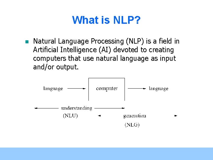 What is NLP? n Natural Language Processing (NLP) is a field in Artificial Intelligence