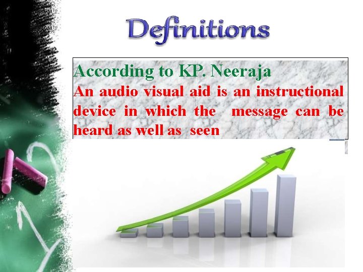 According to KP. Neeraja An audio visual aid is an instructional device in which