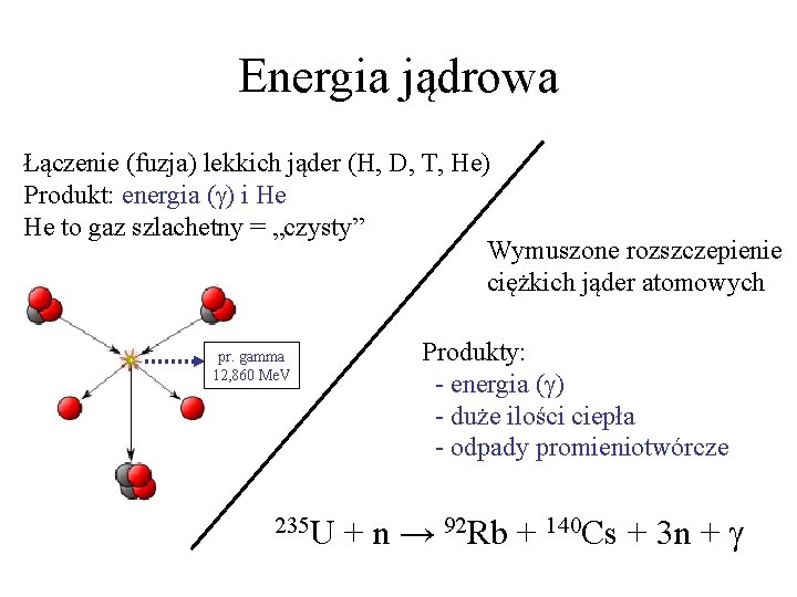 Energia jądrowa Łączenie (fuzja) lekkich jąder (H, D, T, He) Produkt: energia (g) i