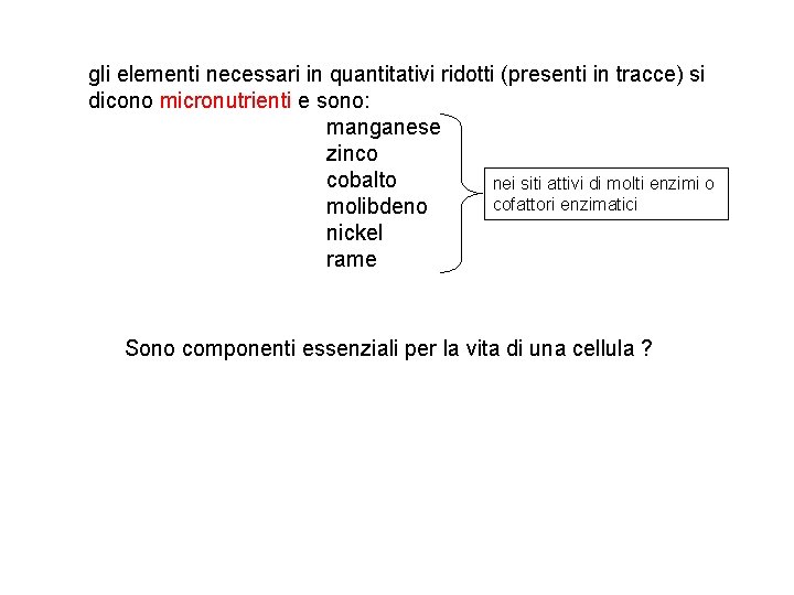 gli elementi necessari in quantitativi ridotti (presenti in tracce) si dicono micronutrienti e sono: