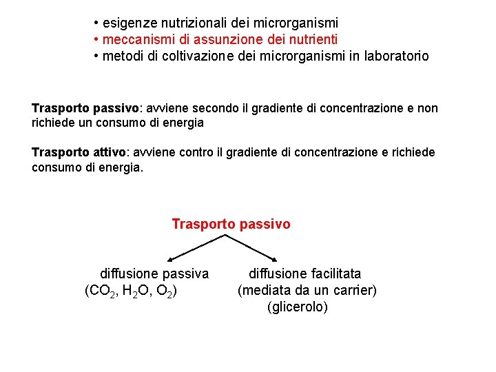  • esigenze nutrizionali dei microrganismi • meccanismi di assunzione dei nutrienti • metodi