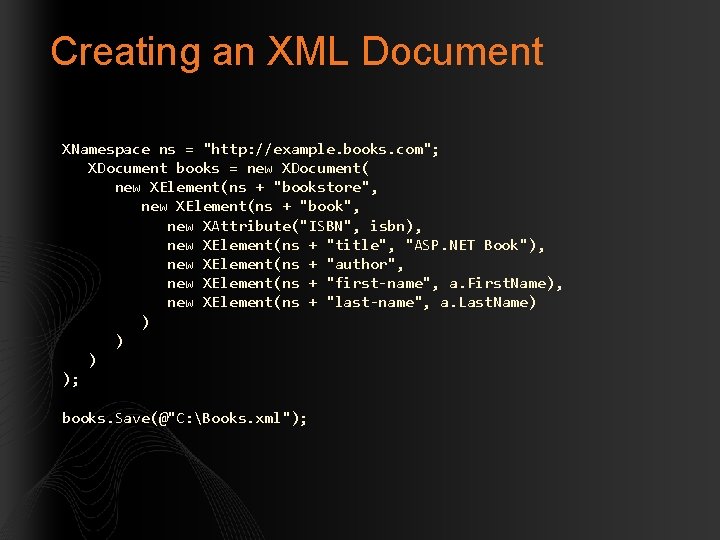 Creating an XML Document XNamespace ns = "http: //example. books. com"; XDocument books =