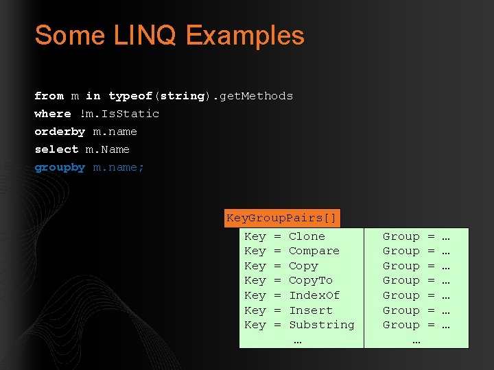 Some LINQ Examples from m in typeof(string). get. Methods where !m. Is. Static orderby