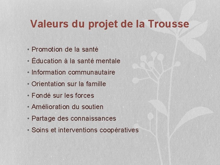 Valeurs du projet de la Trousse • Promotion de la santé • Éducation à