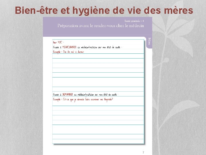 Bien-être et hygiène de vie des mères 