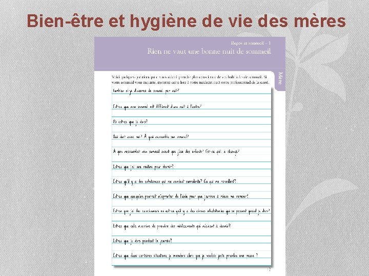 Bien-être et hygiène de vie des mères 