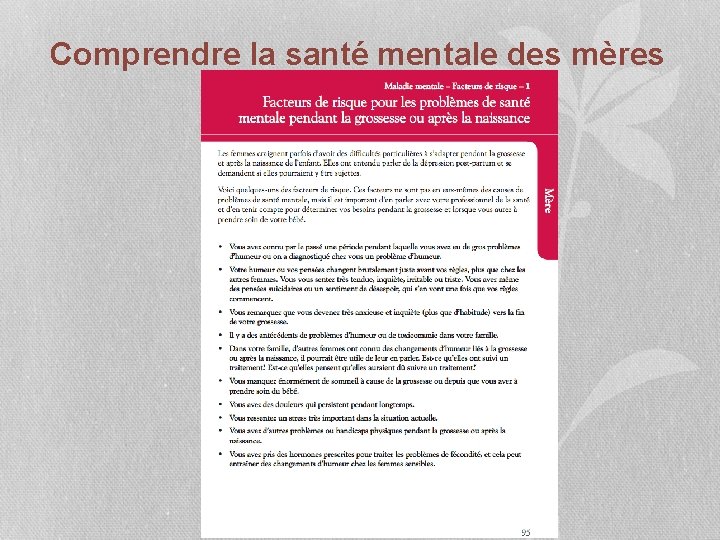 Comprendre la santé mentale des mères 