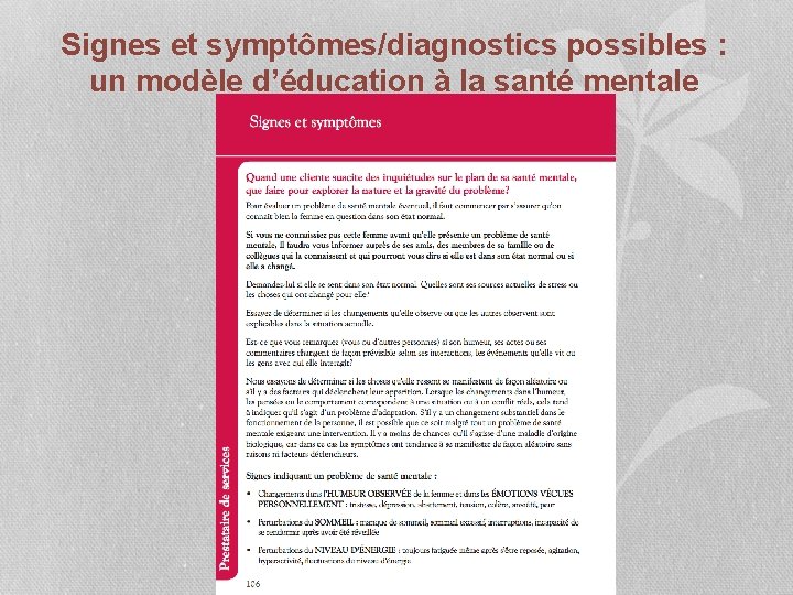 Signes et symptômes/diagnostics possibles : un modèle d’éducation à la santé mentale 