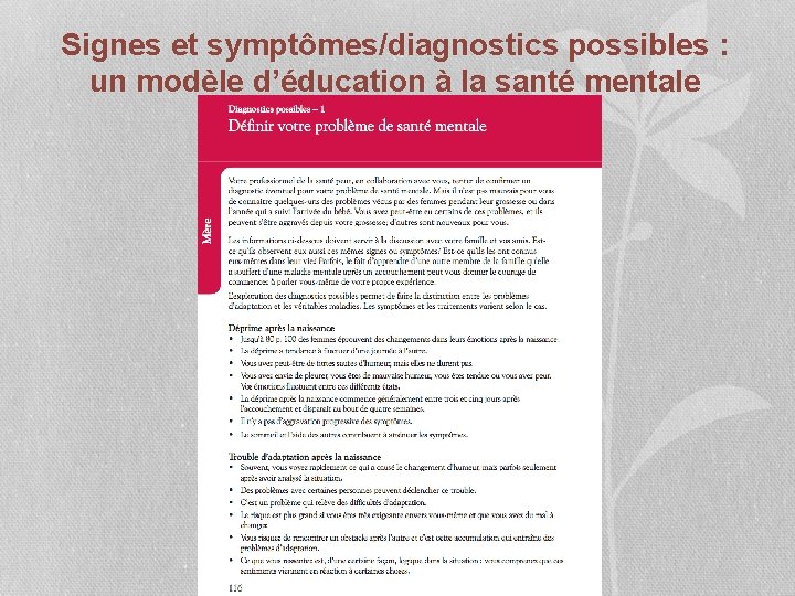 Signes et symptômes/diagnostics possibles : un modèle d’éducation à la santé mentale 