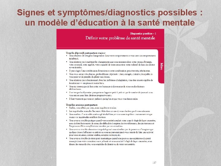 Signes et symptômes/diagnostics possibles : un modèle d’éducation à la santé mentale 