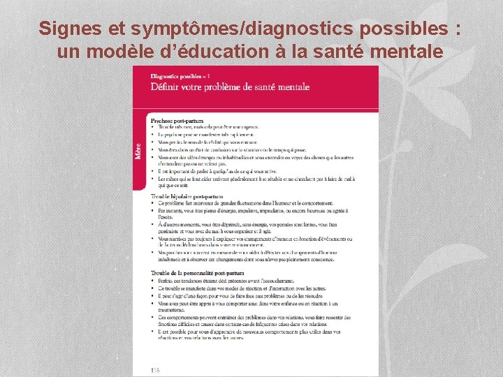 Signes et symptômes/diagnostics possibles : un modèle d’éducation à la santé mentale 