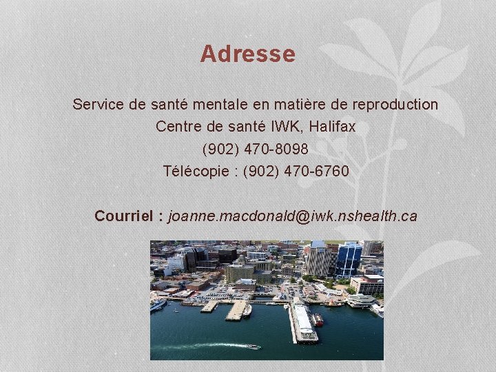 Adresse Service de santé mentale en matière de reproduction Centre de santé IWK, Halifax