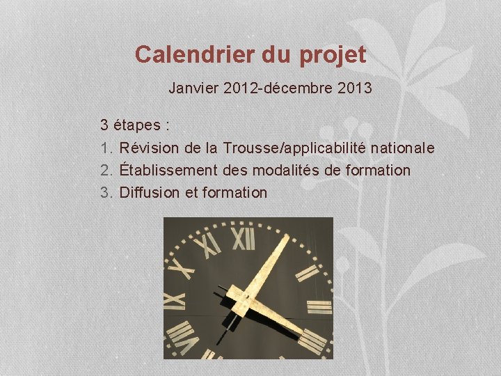Calendrier du projet Janvier 2012 -décembre 2013 3 étapes : 1. Révision de la